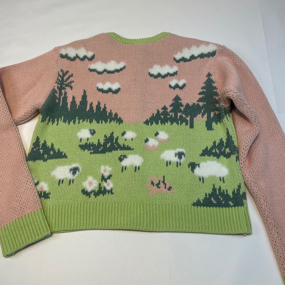 ZARA Women's Knit Jacquard Fuzzy Sheep Landscape Cardigan Pink Green Size S‎ - Picture 11 of 16